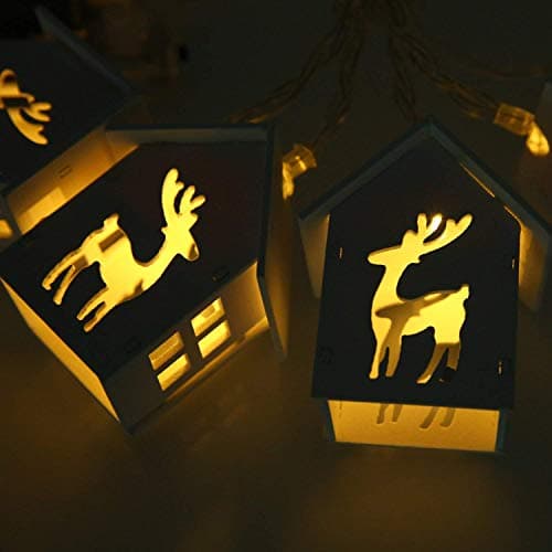 Image of Theme Machine 10 White Wooden House Reindeer LED String Lights 1.65m Battery Operated