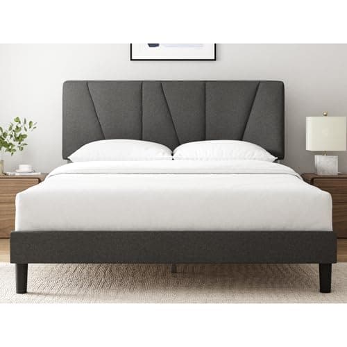 Image of Zinus Maya King Bed Frame with Headboard - 5ft (150 x 200 cm) - 11.8'' Height - Upholstered Bed Base - Wooden Slat Support - Easy Assembly - Dark Grey