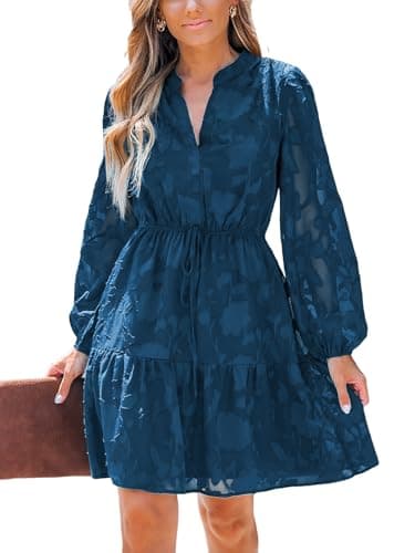 Image of CUPSHE Women's Mini Dress Floral V Neck Lace Long Sleeve Waist Tie Ruffle A Line Fall Casual Dresses Navy Blue M