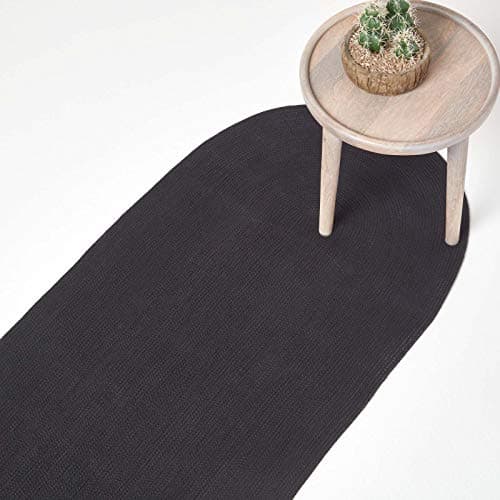 Image of HOMESCAPES Black Handmade Braided Oval Hallway Runner & Living Room Woven Cotton Large Rug, 66 x 200 cm