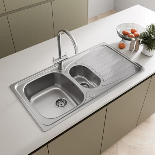 Image of SÄUBER® 950 x 500mm Stainless Steel Kitchen Sink Inset 1.5 Bowl, Inset Drop in Installation, Right Hand Drainer, Free Kitchen Strainer Wastes for Sinks