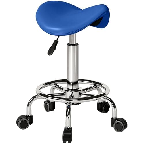 Image of HOMCOM Saddle Stool, PU Leather Adjustable Rolling Salon Chair for Massage, Spa, Clinic, Beauty, Hairdressing and Tattoo, Blue