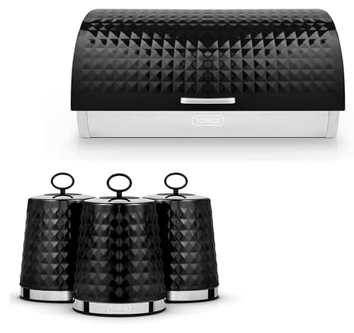 Image of TOWER Solitaire Black Roll Top Bread Bin & Tea, Coffee & Sugar Canisters Set. Matching Contemporary Design Stainless Steel Kitchen Storage Set in Black with Embossed Diamond Design