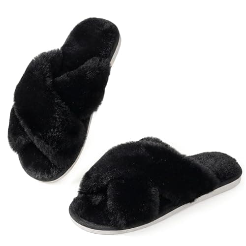Image of Ankis Women's Black Fluffy Slippers, Memory Foam, Cross Band, Open Toe, Size 5/6 UK