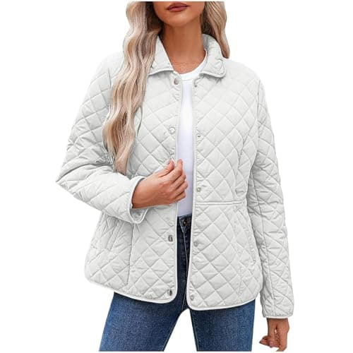 Image of Winter Jacket Women Warm Lghtweight Padded Quilted Jacket Outwear Lapel Collar Button Down Long Sleeve Jackets Casual Sweatshirt Loose Outerwear Cotton Open Front Cardigan UK Size 8-18 White