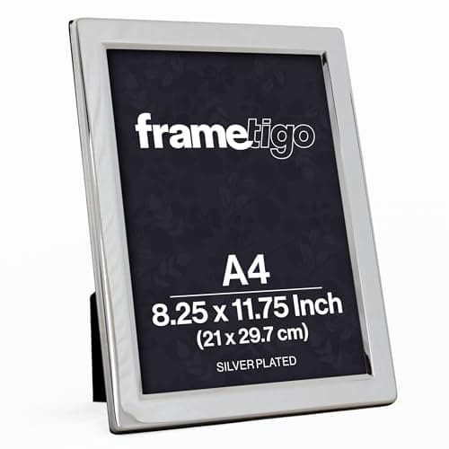 Image of Frametigo - Silver Plated Flat Edge Photo Frame, A4/8.25”x11.75” (21x29.7cm) Photo Size - Velvet Frame Backing & Stand - Real Glass Window - Tarnish-Resistant - Landscape or Portrait Orientation