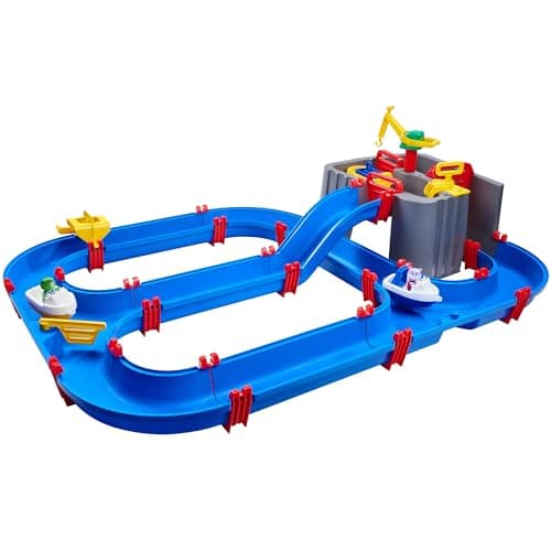 Image of AquaPlay Harbour Waterway - Outdoor Water Feature with Train, Boats and 2 Toy Figures - Water Toy for Children from 3 Years, 128 x 93 x 40 cm