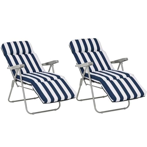 Image of Outsunny Reclining Garden Chair Set of 2, 5-Level Adjustable Zero Gravity Chairs with Cushions, Folding Sun Lounger Garden Recliner Chairs with Armrests for Outdoor, Patio, Blue Stripe