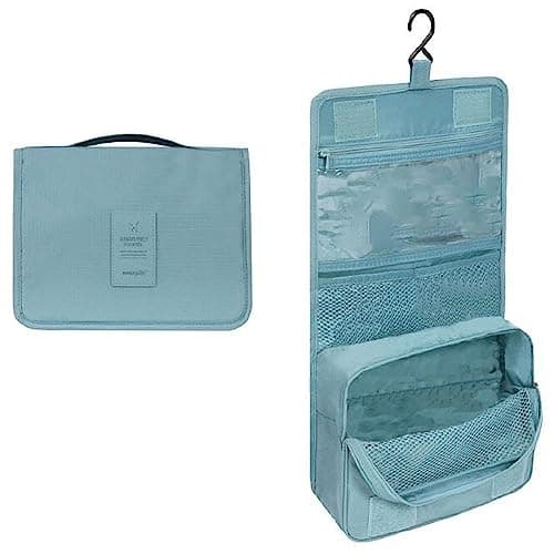 Image of Travel Toiletry Bag, Hanging Toiletries Wash Bag Makeup Cosmetic Organizer Bags for Women Girls Kids Waterproof Foldable (Blue 1)