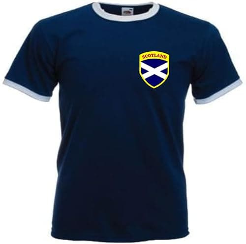 Image of Invicta Screen Printers Scotland Scottish Soccer Football Soccer Shield Crest Retro T-Shirt Unisex Adultn (UK, Alpha, L, Regular, Regular, NavyBlue)