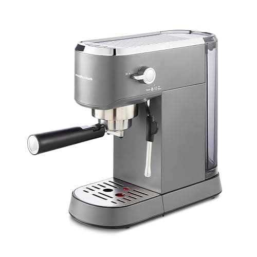 Image of Morphy Richards Signature Compact Espresso Maker, Ground Coffee, Dual Cup, Illuminated Buttons, 1L Water tank, Steam Control, Milk Frother Wand, includes Tamper, Spoon, Stainless Steel, Grey, 172026