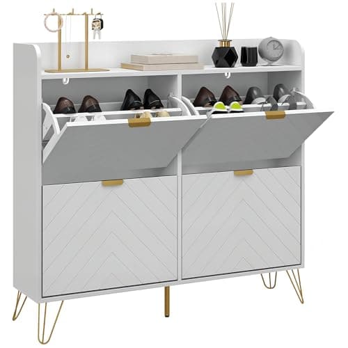 Image of HOMCOM Narrow Shoe Cabinet with 4 Flip Drawers, Slim Shoe Storage Cabinet with Adjustable Shelves, Hairpin Legs and 4 Vents for 16 Pairs of Shoes for Entryway, White