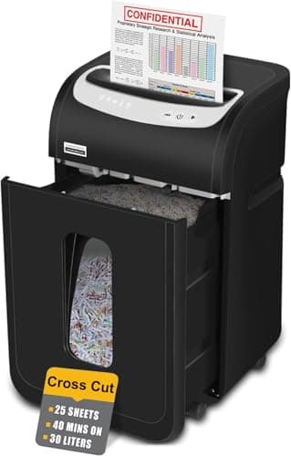 Image of VidaTeco Cross-Cut Paper Shredder Heavy Duty, 25-Sheet 40-Mintute 58dB Quiet Credit Card Shredders for Home Office Use, Security Level P-4 Jam Proof System 30L Pullout Bin with 4 Casters