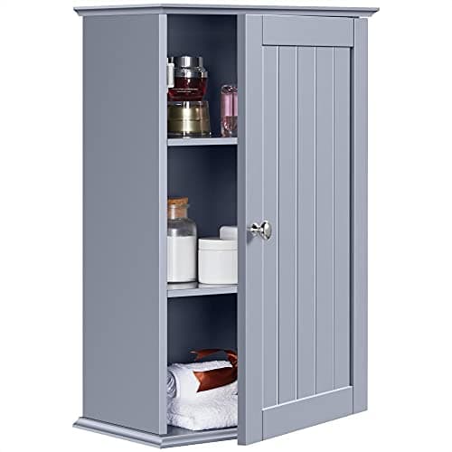 Image of Yaheetech Bathroom Cabinet Single Wall Mounted Bathroom Storage Cabinet Wooden Cupboard with Adjustable Shelves, 21D x 35W x 55H cm, Grey