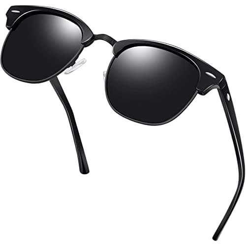 Image of KANASTAL Shiny Black Sunglasses Womens Polarised Mens Square Semi Rimless Dark Retro Classic Horn Rimmed Half Frame Ladies Driving UV Protection - Glossy Black