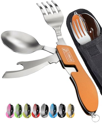 Image of ORBLUE 4-in-1 Camping Cutlery Set 2-Pack – Stainless Steel Foldable Spoon Fork Knife Bottle Opener with Pouch – Portable Travel Cutlery & Camping Utensils for Hiking & Outdoor Use – Orange