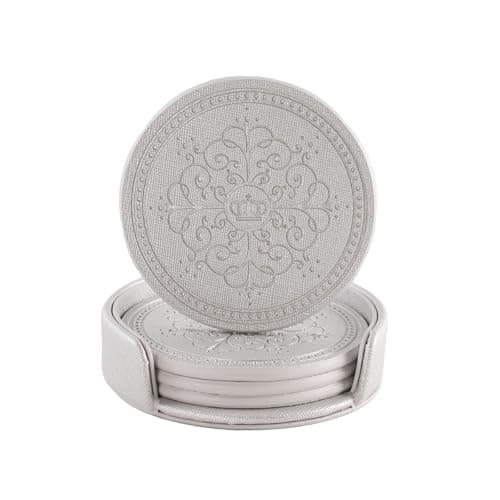 Image of ABCHCHS Coasters Set of 4 - PU Leather Coasters for Drinks with Holder - Silver Handmade Round Drinks Set for Home Decor and Housewarming Gift