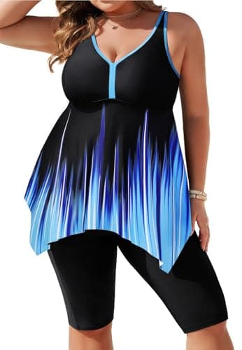 Image of Hanna Nikole 2 Piece Tankini Sets for Women,Plus Size Tummy Control Swimsuits with Pockets,Irregular Hem Swimming Costume Women,Push-Up Modest Bathing Suit with Boyshorts Blue Flowers & Black 22