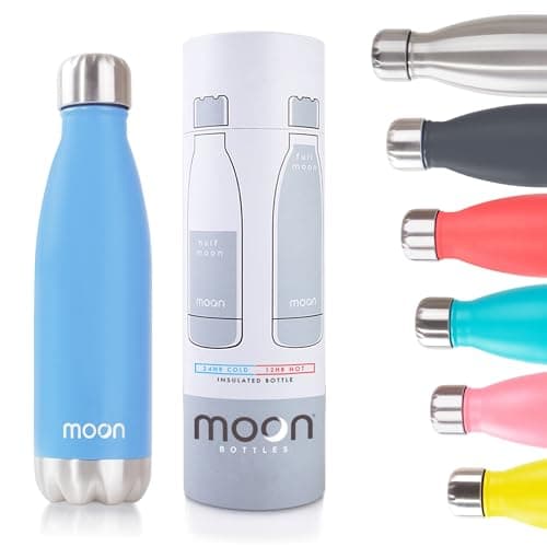 Image of Moon Bottles - Insulated Water Bottle that Lasts Forever - 18/8 Stainless Steel Vacuum Flask - Double Walled Drink Bottle - Thermal Metal Flasks, Leakproof, 24hrs Cold & 12 Hot (1 Litre,Sky Blue)
