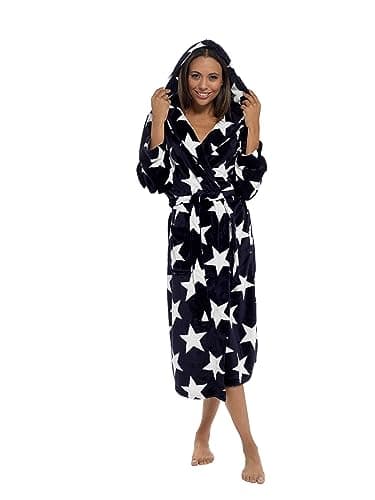 Image of INSIGNIA Ladies Dressing Gown Fluffy Super Soft Hooded (UK, Alpha, S, Regular, Regular, Navy Star)
