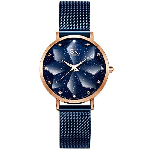 Image of SHENGKE Creative Starry Sky Women Watch with Stainless Steel Mesh Band Genuine Leather Elegant Floral Women Watches(Starry-Mesh Band-Blue)