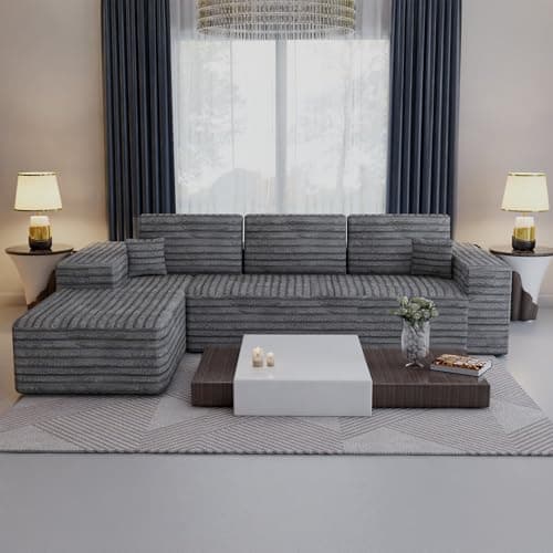 Image of FURNITUREWAVE Modern Corduroy Corner Sofa | No Assembly Needed | Box Packed with Attached Neck Rest and Back Cushions | Lightweight, Durable, Comfortable – Grey, Camel, Black (Grey, Left Corner Sofa)