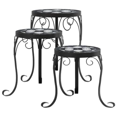 Image of vidaXL Black/White Mosaic Ceramic Plant Stands - 3 pcs Set for Garden, Balcony & Patio Decor, Weather- Iron Frame, Assorted Sizes