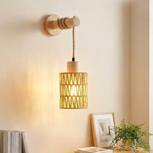 Image of Rravdst Rattan Boho Wall Sconces, Wall Lights Indoor, Boho Wood Wall Lamp E27 Woven Lantern Wooden Wall Sconces, Rattan Wicker Lampshades Wall Light Lantern for Living Room Bedrooms Hallway Entryway