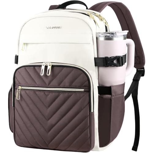 Image of VANKEAN Laptop Backpack for Women with Pouch Pocket for Large Capacity Tumbler, 15.6 Inch Laptop Computer Bag Travel Backpack Purse,Waterproof Work Business College Teacher Bags, Beige-Coffee