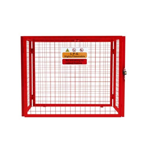 Image of Gas Bottle Cage 92cm x 110cm x 50cm Collapsible Red Mesh Secure Lockable Storage Powder Coated Galvanised Steel 3mm Wire Thickness 3 x 19kg Cylinder Bottles FREE Warning Sign Padlock & 2 Keys