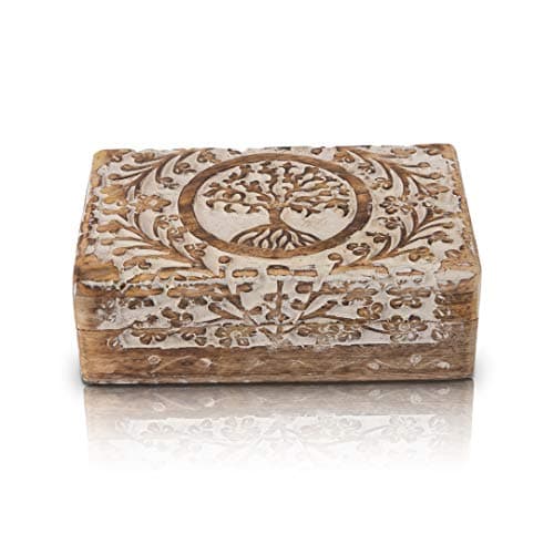 Image of Great Birthday Gifts Handmade Decorative Wooden Jewelry Keepsake Box Tree Of Life Carving Jewelry Organizer Treasure Chest Trinket Holder Watch Storage Lock Box Housewarming Gifts (White)