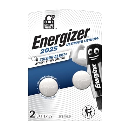 Image of Energizer Ultimate Lithium - CR2025 Batteries (2 Pack) - 3V Battery Coin Cell – World's First 3 in 1 Child Shield Colour Alert Technology – Car Key Fobs, Watches, Home Devices - 10 Year Shelf Life