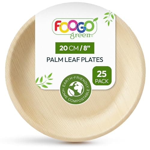Image of FOOGO Green 25pcs Disposable Palm Leaf Plates, 8"(20cm) Medium Round, Eco Friendly Biodegradable Compostable Like Wooden, Bamboo, Paper Plates for Hot Food, Picnic Wedding Parties