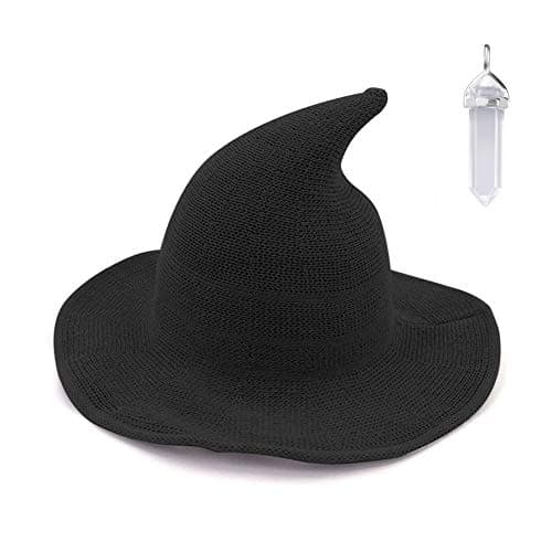 Image of YAMEE Womens Witch Hat Wizard Kinitted-Wool Hats Adult Costume Party Accessory Halloween Masquerade Cosplay Cap (Black)