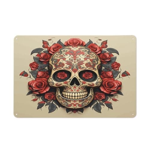 Image of Red Rose Sugar Skull Metal Sign 20x30cm Modern Tin Signs Indoor Outdoor Wall Art Deco for Home, Office, Cafe, Yard & Garden