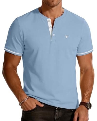 Image of KUYIGO Men's Embroidered Henley T-Shirt Short Sleeve Casual Sports Knit Top XL Blue