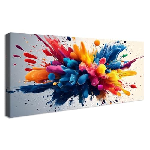 Image of Wooden Framed Large Canvas Wall Art Colourful Spray of Paint Painting on Canvas Prints Poster Modern Red Yellow and Blue Pictures for Living Room Bedroom Restaurant Wall Decor Ready To Hang 50x120cm