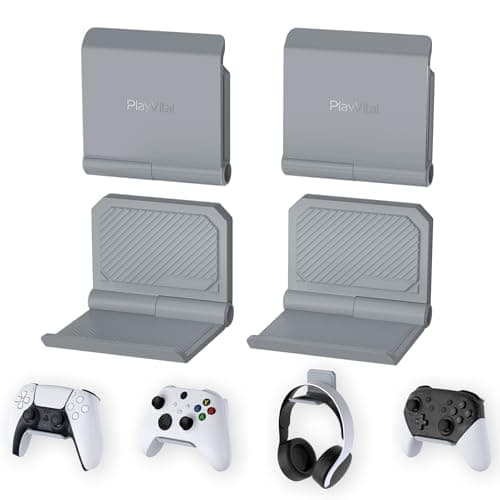 Image of playvital FOLD Wall Mount Controller for PS5/4, Gaming Headphone Stand, Foldable Wall Stand for Xbox Series X/S, Switch Pro, Holder for Xbox Wireless Headset, for Pulse 3D Headset - Gray (4 pieces)