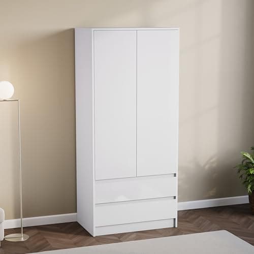 Image of Vida Designs Glinton High Gloss 2 Door 2 Drawer Wardrobe Bedroom Storage Organiser with Hanging Rail Modern Furniture 100% FSC Certified (White, 2 Door 2 Drawer)