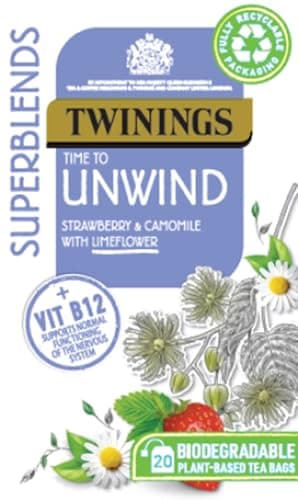 Image of Twinings Superblends Unwind Tea - Strawberry Herbal Tea Infusion with Camomile, Lemon Balm, Limeflower & Vitamin B12, 80 Biodegradable Tea Bags