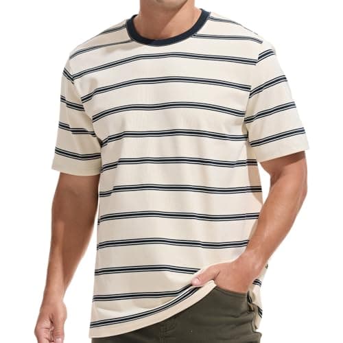 Image of VEIISAR Men's Heavy Weight Crew Neck T-Shirt - Mens Thick Premium Cotton Blend Striped Tee 7 oz, B605 Beige + Royal Blue, XL
