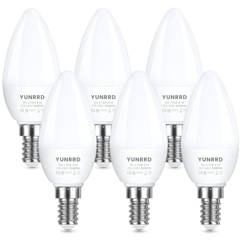 Image of YUNRRD E14 LED Light Bulb,Warm White 2700K,6W 550lm,60W Equivalent Candle Bulbs Small Screw, E14 SES Edison Screw in Light Bulbs,Energy Saving Candle Light Bulbs,220-240V,Non-Dimmable,Pack of 6