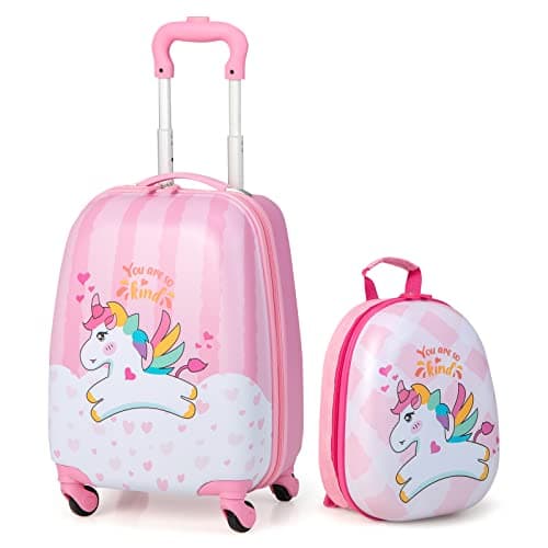 Image of GYMAX 2Pcs Kids Luggage Set, 16"/18" & 12" Girls Suitcase and Backpack Set with 4 Spinner Wheels, Hard Shell Children Trolley Case for Travel School (Pink, 12" & 16")