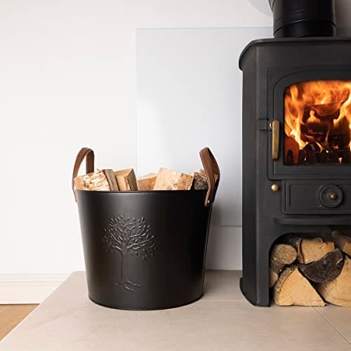 Image of CHARLES BENTLEY Bucket, Snug, Mulberry, Wood Bucket, Timeless Style, Iron, Large Bucket, 6kg Capacity, Real Leather, Iron, Log Bucket, Timeless Style, Contrasting Colour Handles (36x35x31cm)