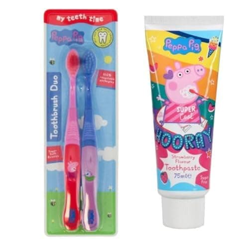 Image of Peppa Pig Toothbrush (Duo) and Toothpaste Set. Two Peppa Pig Toothbrushes and Strawberry Flavoured Toothpaste for Ages 3-8 Years Old