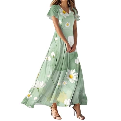 Image of Ladies Short Puff Sleeve V Neck Floral Boho Dresses Flared Flowy Chiffon Maxi Dress Summer Beach Holiday Sundress for Women,Green,XL