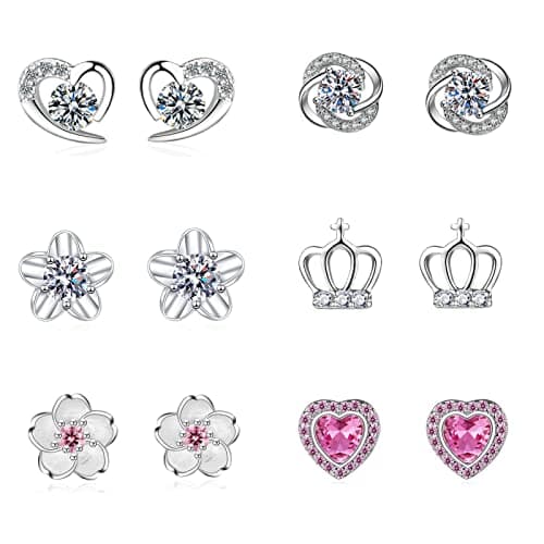 Image of GUROTD 6 Pairs Sterling Silver Stud Earrings for Women Girls 925 Tiny Flower Heart Butterfly Hypoallergenic Cubic Zirconia Diamond Cartilage Set, Pink Crown blossom