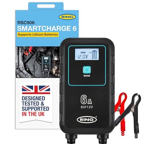 Image of RING SMARTCHARGE 6A Car Charger & Maintainer With Crocodile Clips & Built-In Hanging Hook - Compatible With Lithium Ion, Lead Acid, Gel, Calcium, EFB & AGM Batteries