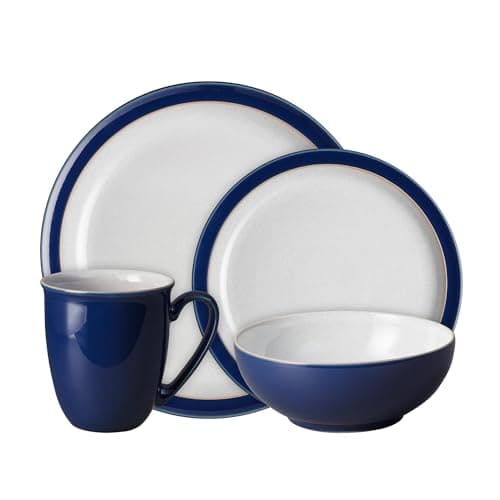 Image of Denby - Elements Dark Blue Dinner Set For 1 - 4 Piece Ceramic Tableware - Dishwasher Microwave Safe Crockery Single Place Setting - 1 x Dinner Plate, 1 x Small Plate, 1 x Cereal Bowl, 1 x Coffee Mug