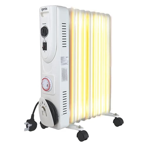 Image of Igenix IGHO02620W 2kW Oil Filled Radiator with Timer – 9 Fins, Electric Heater, Adjustable Heat Setting, Portable Design, 1.4m Cable – White
